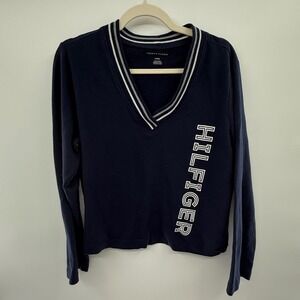 Tommy Hilfiger‎ Cropped Sweater Women's Large Navy V Neck Varsity Logo